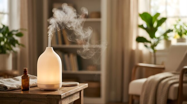 Electric aroma diffuser releasing mist on wooden table in cozy living room