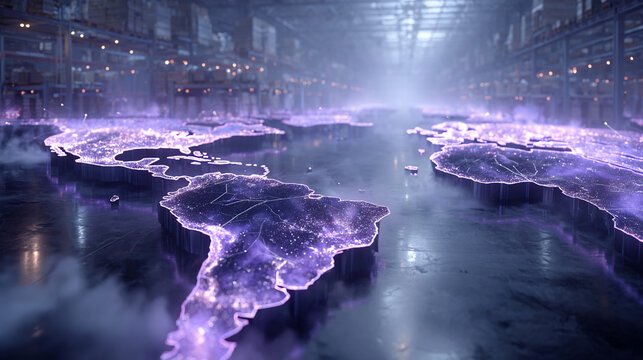 Futuristic smart warehouse with robotic logistics system, glowing global map made of light connections, cargo drones flying indoors, blue purple neon highlights, 