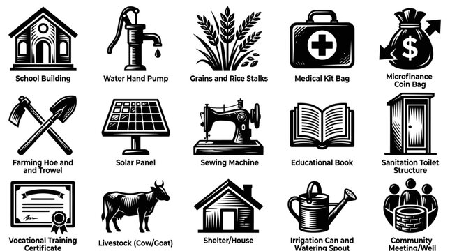 Community Development  Basic Needs Glyph Icons. Black and White Vector Set for Rural Life.