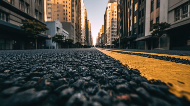 Low-angle asphalt road perspective, flanked by towering urban buildings under warm sunlight