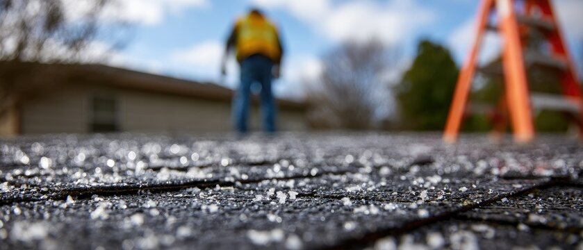 Close-up on a shingled rooftop with a blurred worker and ladder in background