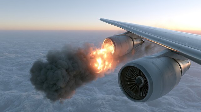 Aircraft engine ablaze, spewing smoke against a twilight sky