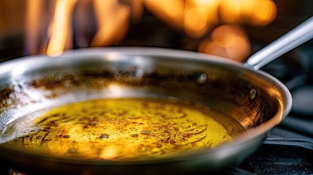 Hot oil shimmers in a skillet as flames dance in the background