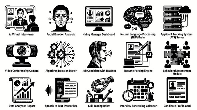 AI Recruitment and HR Technology Black  White Line Art Icons Set for Digital Hiring and Interviewing