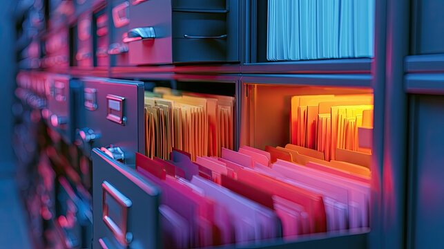 Rows of filing cabinets, drawers open, revealing colorful folders