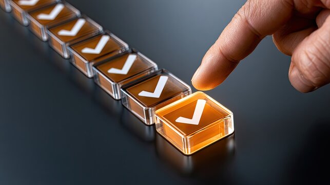 A finger points at a glowing checkbox in a line of completed items