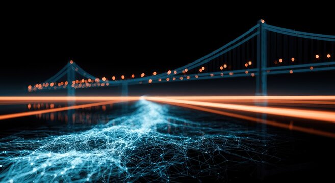Abstract digital bridge illuminated by glowing lights over flowing data streams