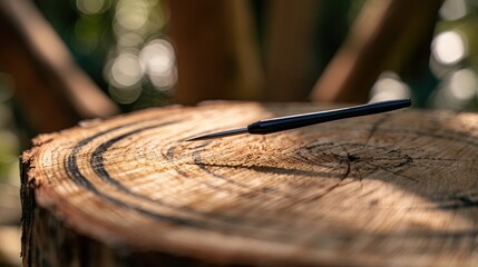 Obraz premium Fine-pointed tool rests on textured, sunlit tree stump, dappled light