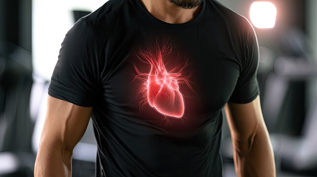 Muscular man in gym wearing shirt with glowing heart graphic