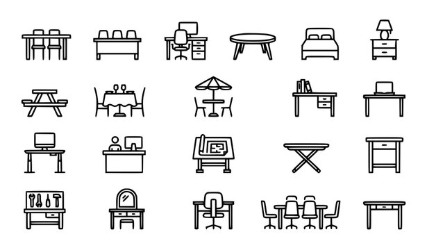 Premium Table Linear Icons Pack for Furniture Workspace Interior and Web Design