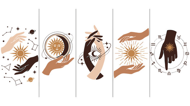 Mystical hand and celestial sun moon signs for esoteric tarot layout.