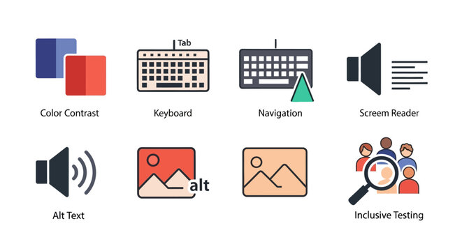 Web Accessibility Icons: Color, Keyboard, Navigation, Screen Reader, Alt Text, Testing