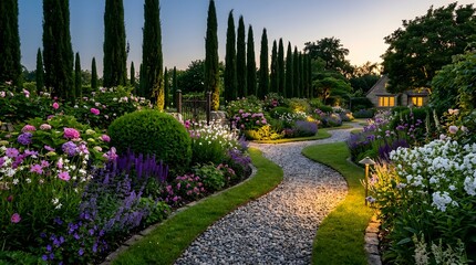 Fototapeta premium Serene garden pathway with blooming flower beds at golden hour in lush park setting