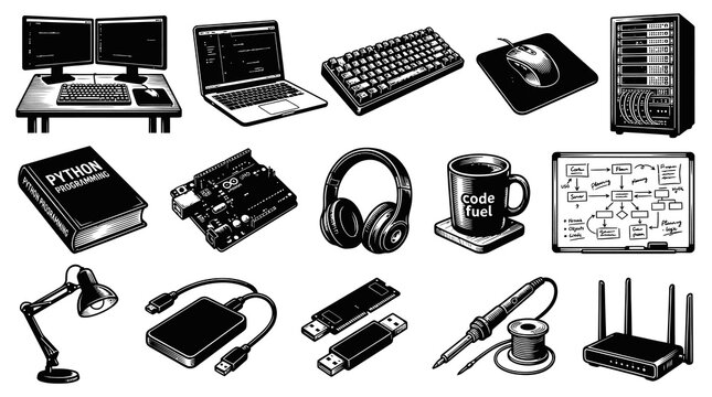 Technology  Programming Tools Vector Set - Black  White Line Art Collection of Developer Equipment