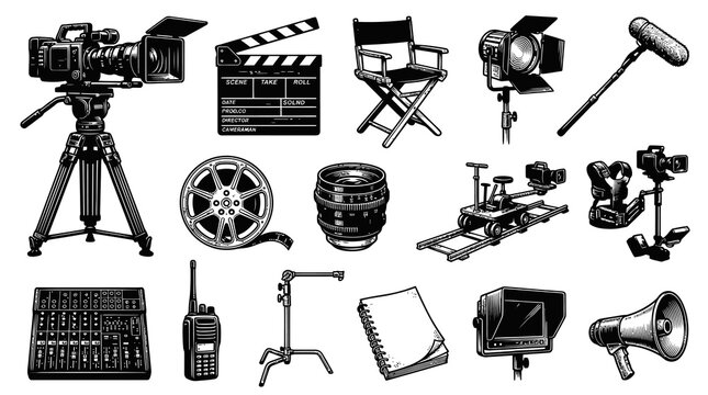 Black and White Line Art of Film Production Equipment Set Vector