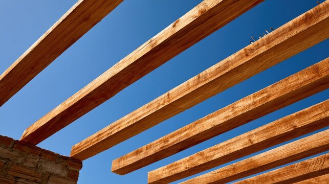 Exposed wooden beams ascend against a clear blue sky
