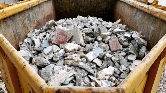 A full industrial bin overflowing with broken construction debris, tiles, and concrete