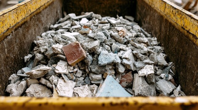Full yellow skip bin overflowing with broken concrete, tiles, and debris