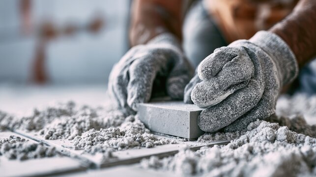 Gloved hands working with grout powder and tools on tiled floor