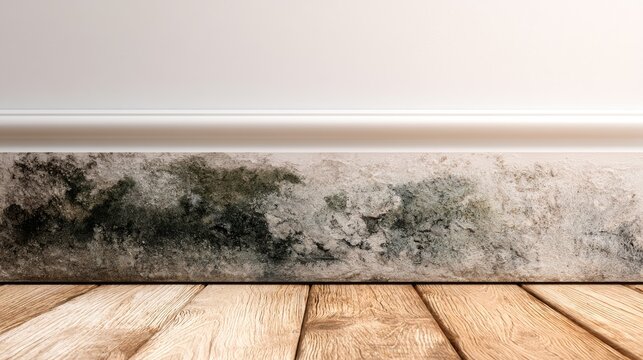 Close-up of dark, patchy mold growth on a white baseboard above wooden planks