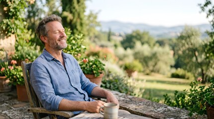 Fototapeta premium Mature man relaxing with coffee on a sunlit terrace in the countryside