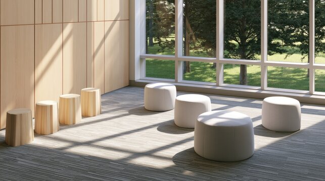 Modern, minimalist seating area with natural wood accents and large windows