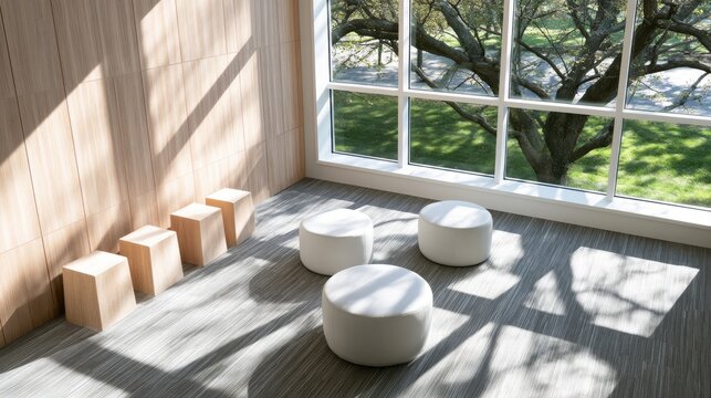 Sunlight streams into modern room with wooden accent wall, three ottomans, and large window