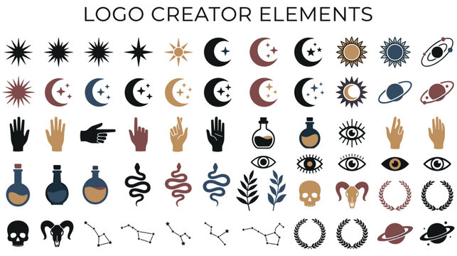 Logo creator elements with celestial hands sun moon stars and magic symbols.