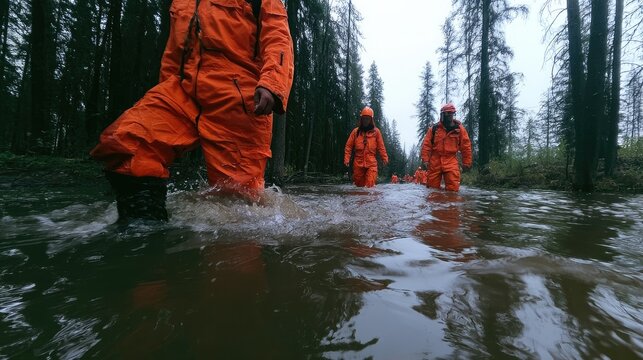 Individuals in bright orange suits wade through flooded forest terrain