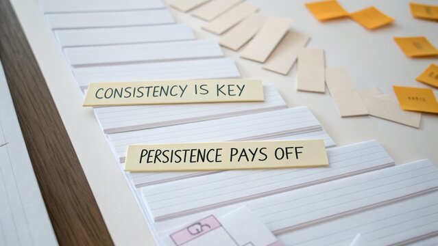 Inspirational Notes on Table for Motivation and Productivity - Consistency is Key, Persistence Pays Off