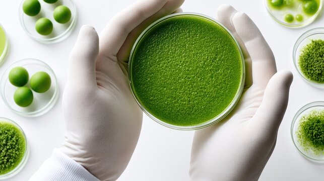 Gloved hands hold petri dish with vibrant green growth