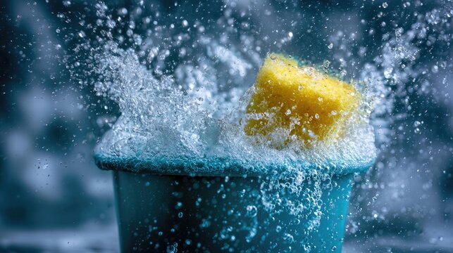 A yellow sponge splashes into a teal bucket of water