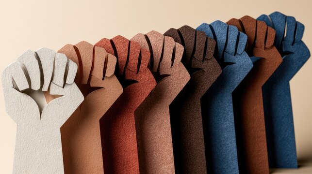Paper cutouts of fists in diverse skin tones arranged in a row