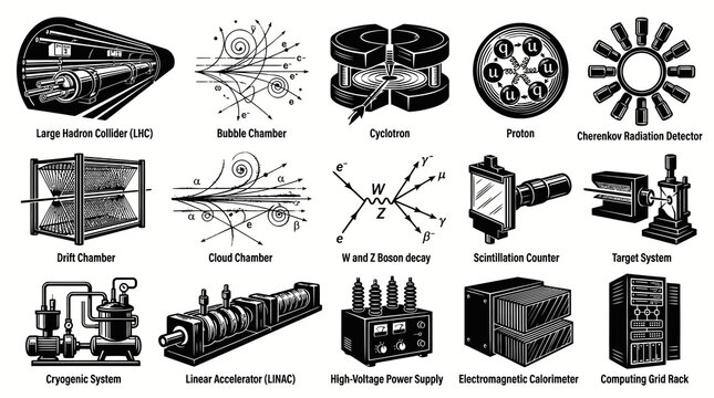 High-Energy Particle Physics Instruments, Equipment, and Concepts Vector Icons Set - Black and White Line Art