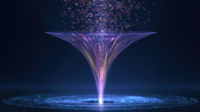Luminescent funnel of energy pulls shimmering particles into a bright vortex