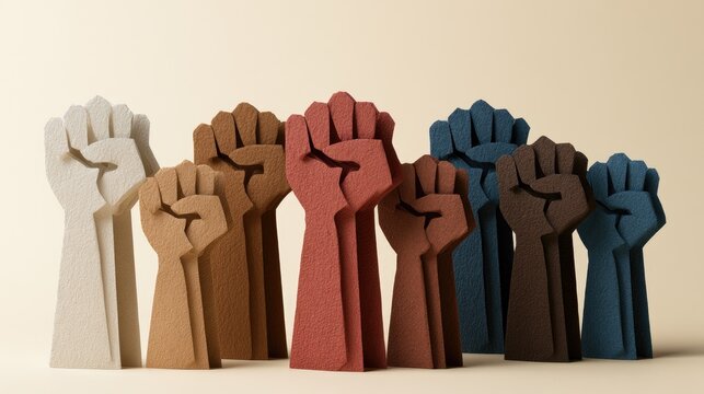 Diverse hands, united in strength, raised in solidarity against a neutral background