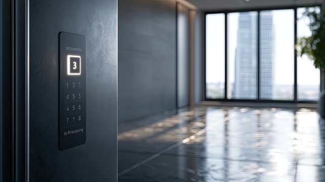 Modern elevator control panel with glowing floor indicator in a sleek hallway