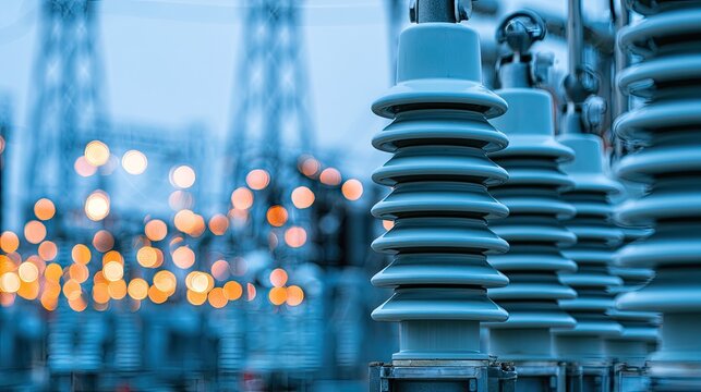 Electrical insulators line up in front of blurred glowing lights and distant power towers