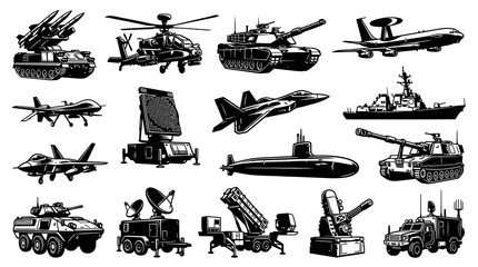 Obraz premium Military Army Combat Vehicles and Weapon Equipment Black and White Line Art Vector Icons Set