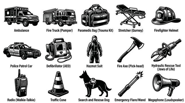 Emergency Services Icons: Ambulance, Fire Truck, Police Car, Hazmat Suit, Dog, Tools, Black  White Line Art