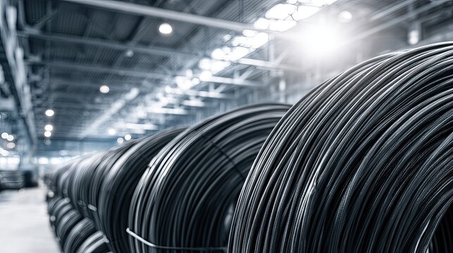 Coiled metal wires stacked in a large industrial warehouse with sunlight