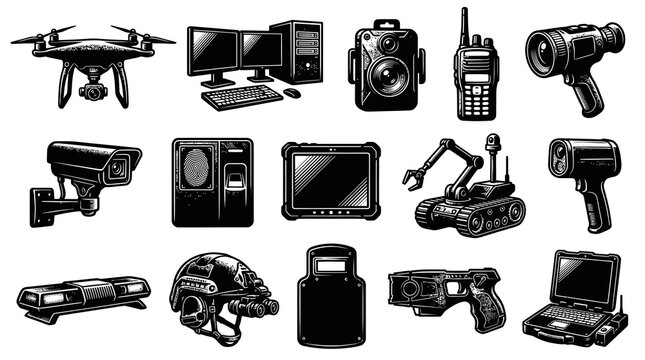 Security Technology Equipment - Vector Icons: Drone, Camera, Robot, Laptop, Taser