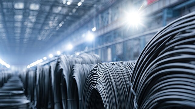 Industrial interior with stacks of coiled metal wires, shafts of light