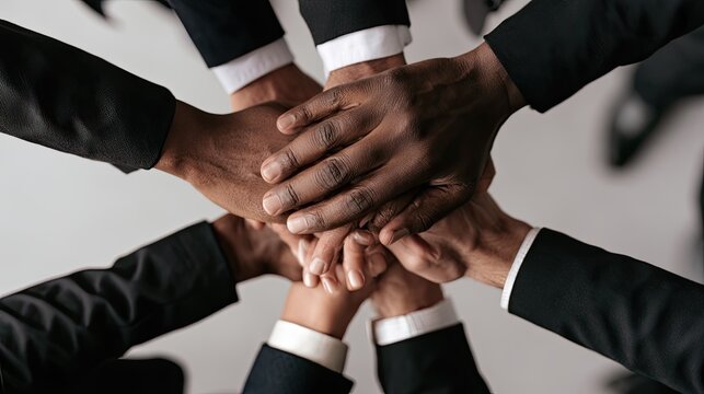 Diverse hands clasped in unity, symbolizing teamwork and collaboration