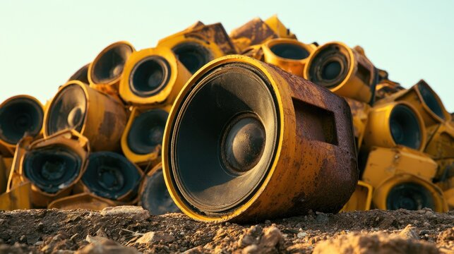 A large pile of weathered yellow speakers, with one prominent speaker in the foreground