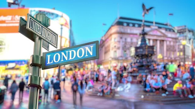 London Piccadilly Circus Timelpase. Selective focus of travel sign LONDON and United Kingdom with real timelapse from raw photos. Bustling city landmark with dazzling digital billboards and people. 