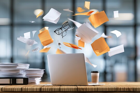 Papers, folders, and glasses fly in a chaotic office workspace