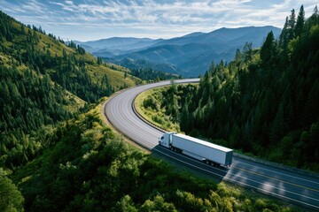Obraz premium White semi-truck navigates a winding road through a lush, green mountain landscape