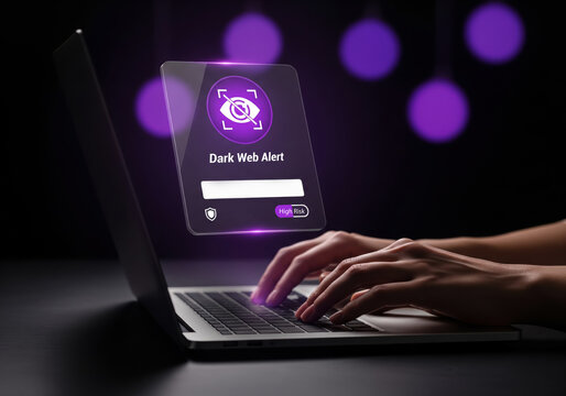 Hands typing on a laptop with a glowing holographic screen displaying a dark web alert and high risk warning.