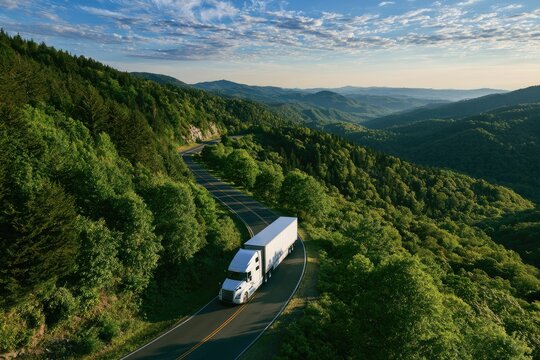 Truck navigates winding road through lush, verdant mountains under a sky